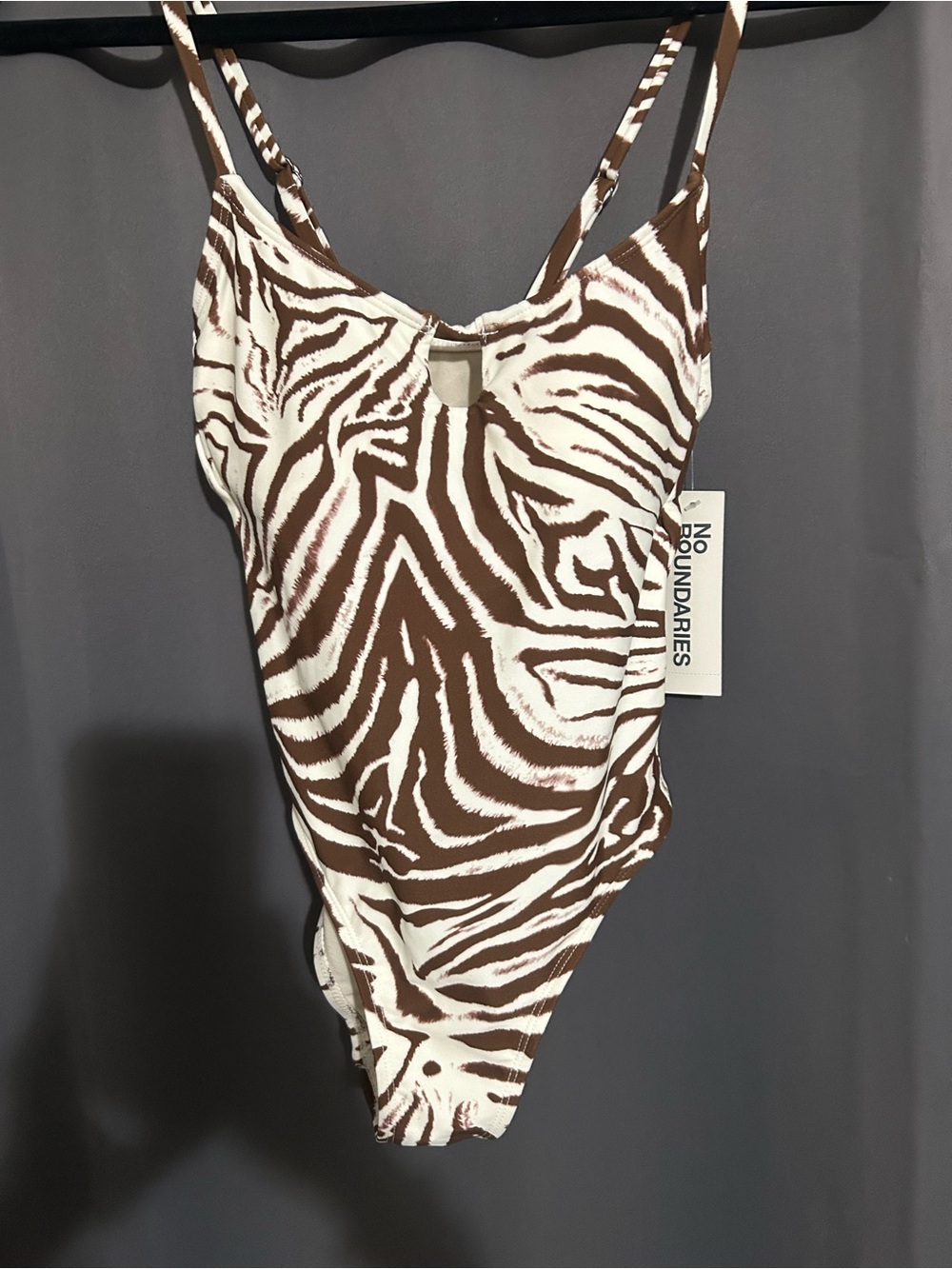 No Boundaries Brown and White Zebra-Print High Leg One-Piece